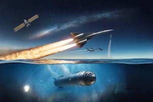 An rendering of a scene with submersible, a hypersonic aircraft and a satellite.